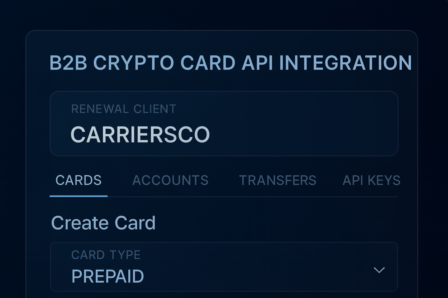 Concept image of an API integration screen for B2B crypto cards.